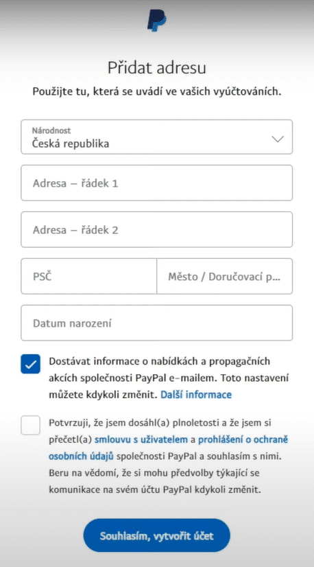 Osobní informace Paypal