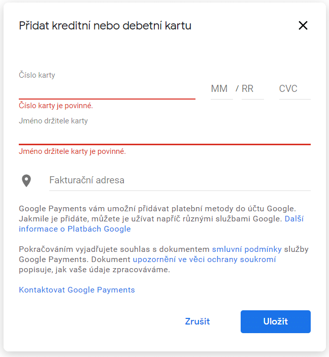 Požadavky pro přidání kreditky nebo debitky