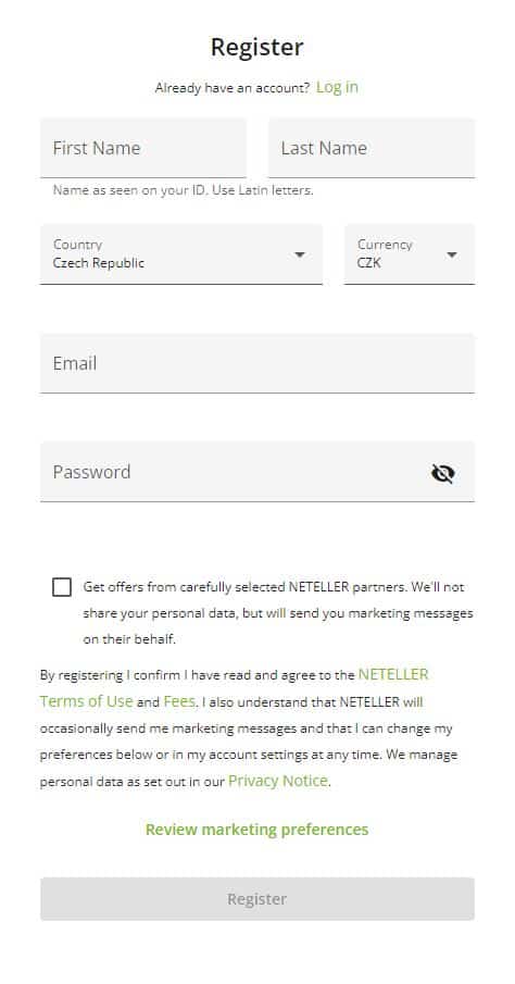 Neteller registracni formulář