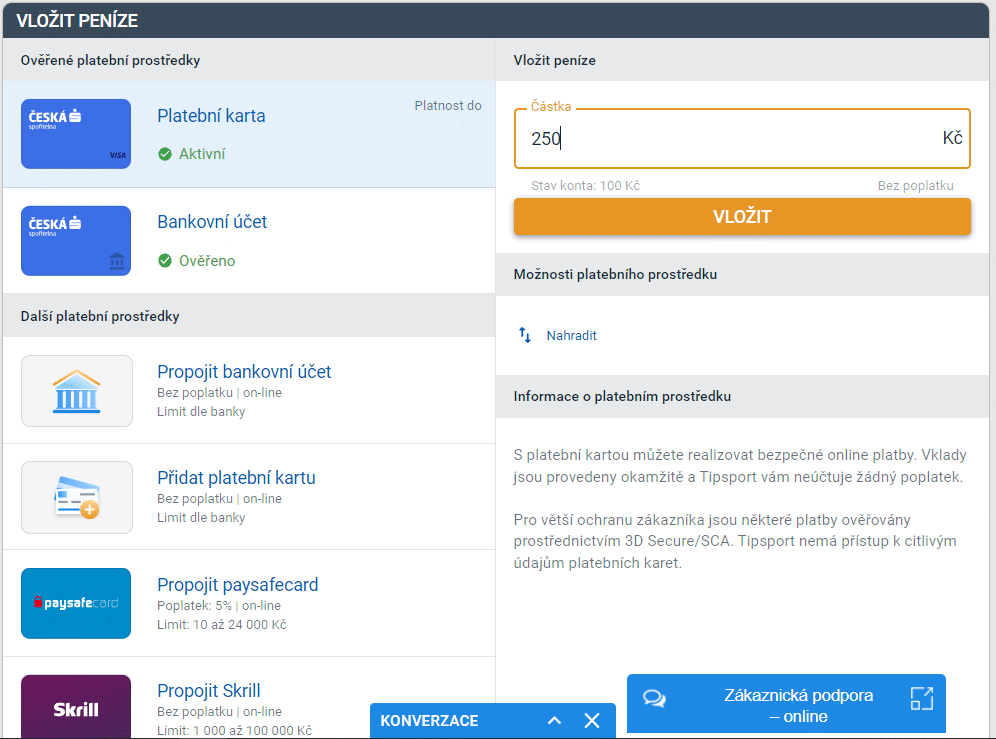 Výběr platební metody Tipsport
