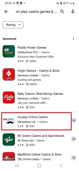 Location of the Mr Play Mobile Casino App on Google Play Store