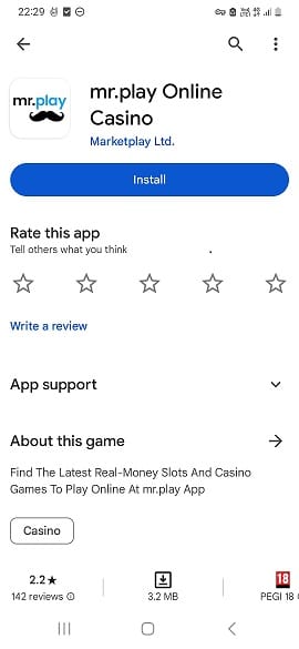 Installation button for Mr Play App