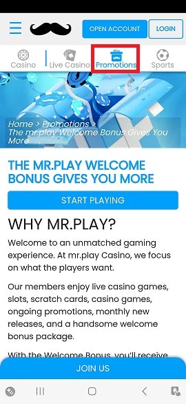 Example of Mr Play Casino app bonus offers