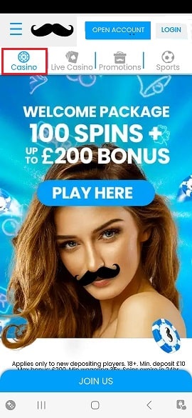 Casino games button in Mr Play app