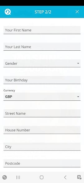 Second step of Mr Play mobile registration