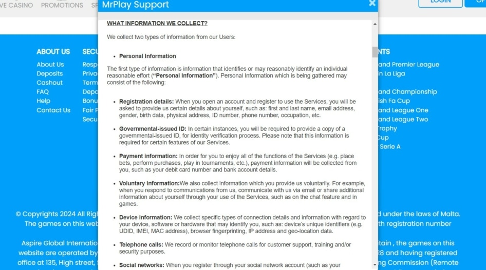 Display of Mr. Play personal information required for verification