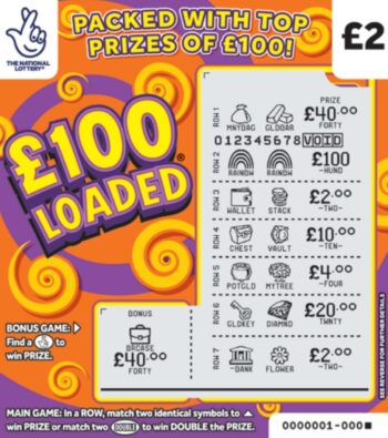 Sample of a cut lottery ticket £100 Loaded