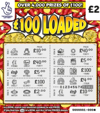 Sample of a cut lottery ticket £100 Loaded