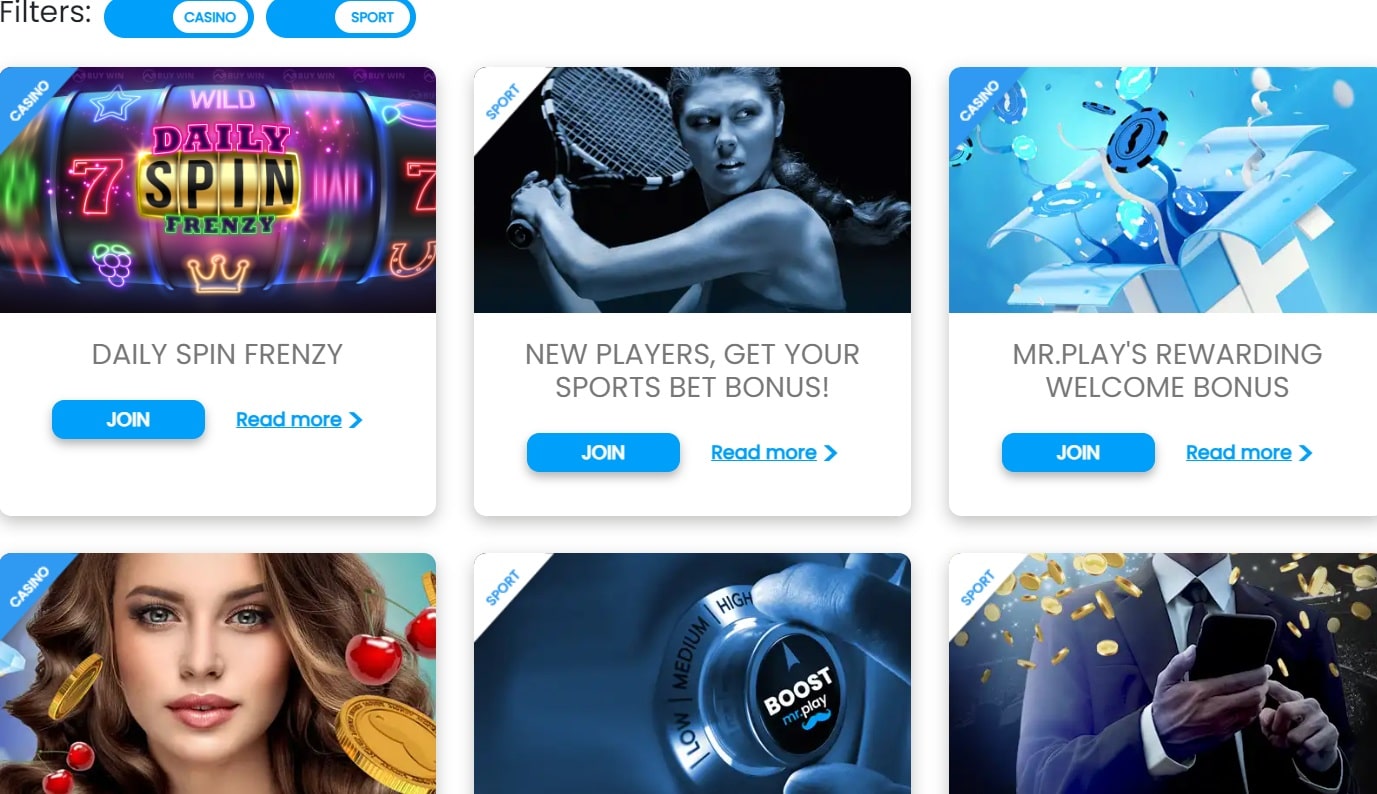 Overview of Mr Play sports betting and casino bonus offers