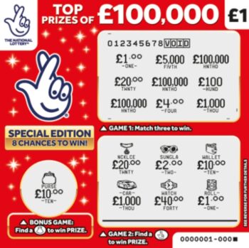 Sample of a cut lottery ticket £100,000 Red