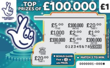 Sample of a cut lottery ticket £100,000 Teal