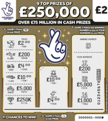 Sample of a cut lottery ticket £250,000 Gold