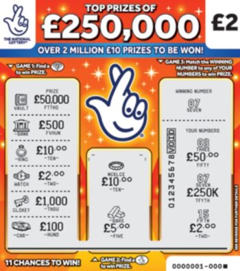 Sample of a cut lottery ticket £250,000 Orange