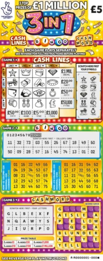 Sample of a cut lottery ticket 3 in 1