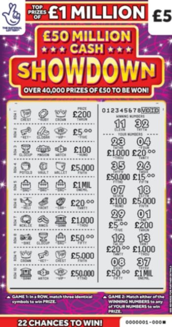 Sample of a cut lottery ticket £50 Million Cash Showdown