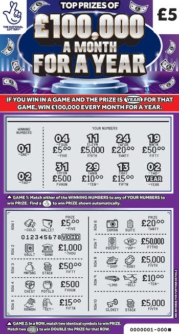 Sample of a cut scratch card £100,000 A Month For A Year