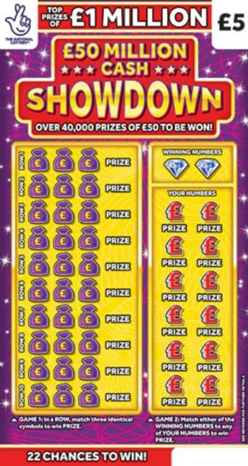 Sample of an uncut lottery ticket £50 Million Cash Showdown