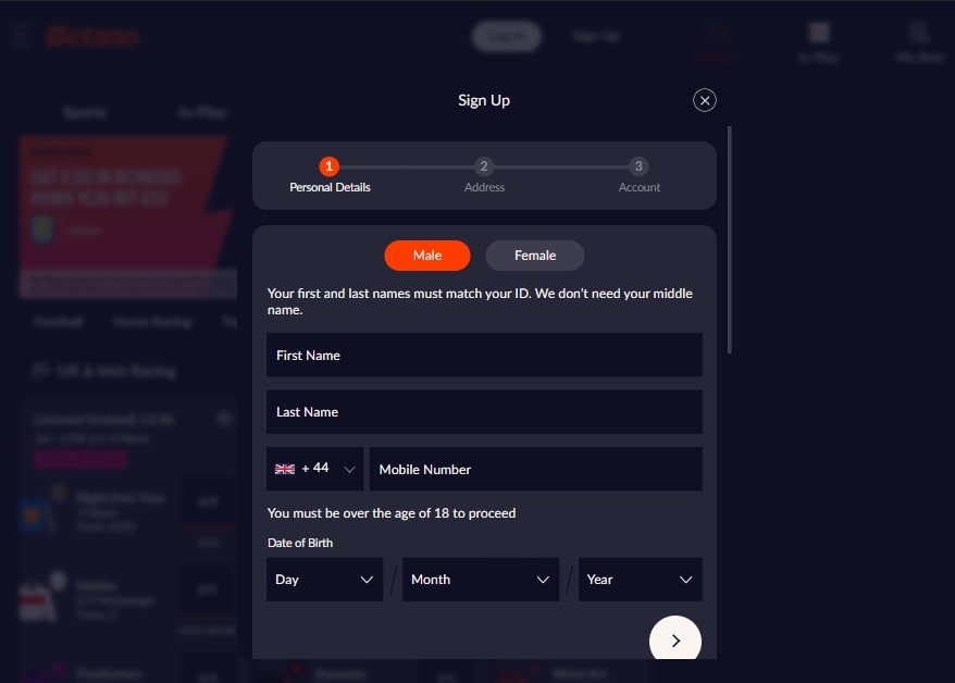 Betano UK Signup