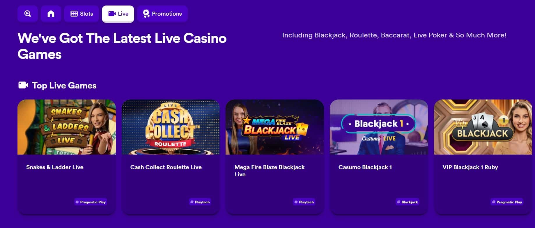 Selection of Live Casino Games at Casumo