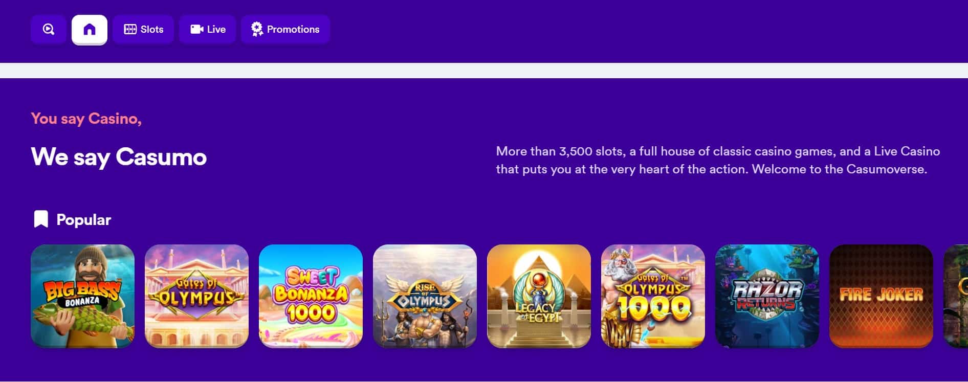 Selection of casino games displayed on the main Casumo Casino page