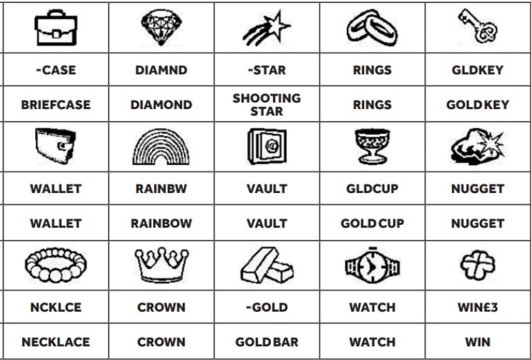 Play Symbols for BONUS GAME 1