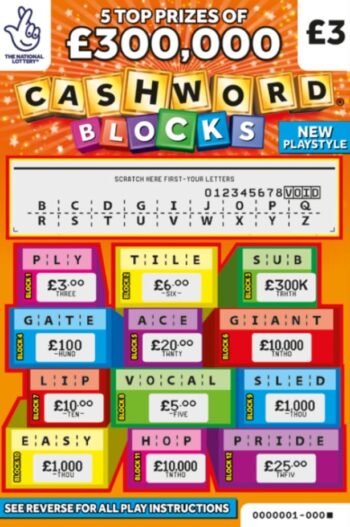 Sample of a cut lottery ticket Cashword Blocks