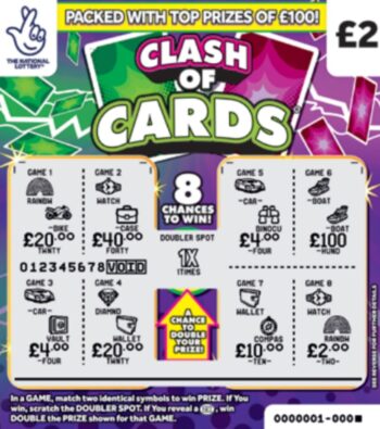 Sample of a cut lottery ticket Clash Of Cards