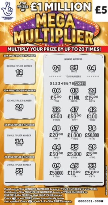 Sample of a cut lottery ticket Mega Multiplier