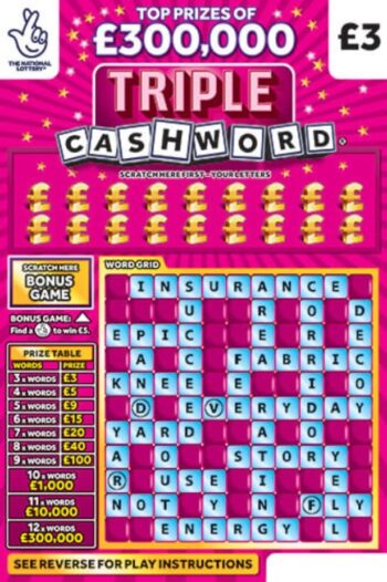 Sample of an uncut lottery ticket Triple Cashword Pink