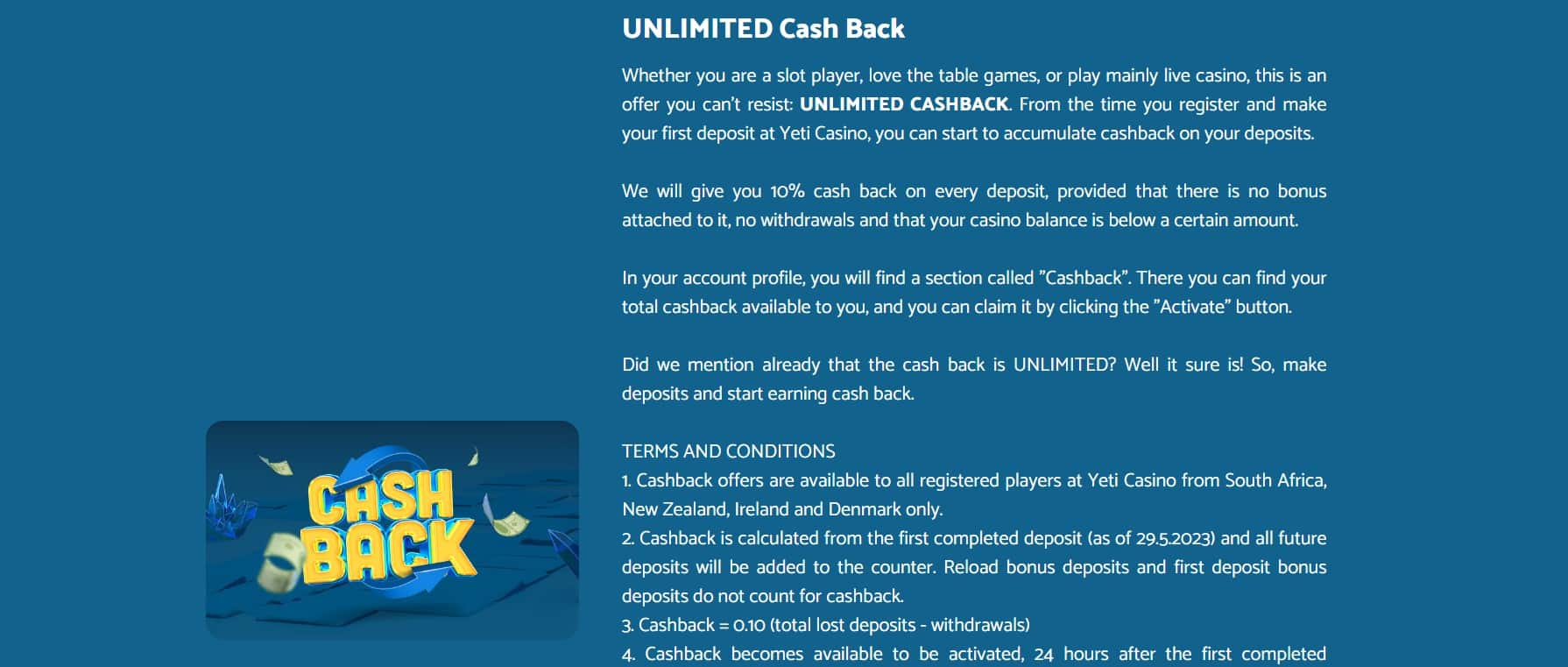 Yeti Casino Cashback Offer