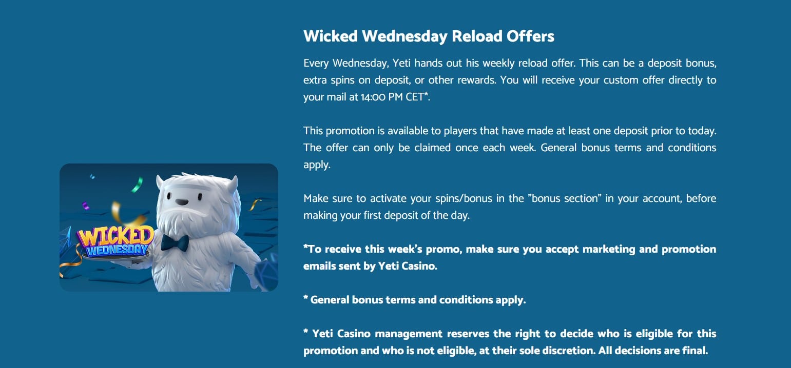 Reload Bonuses at Yeti Casino