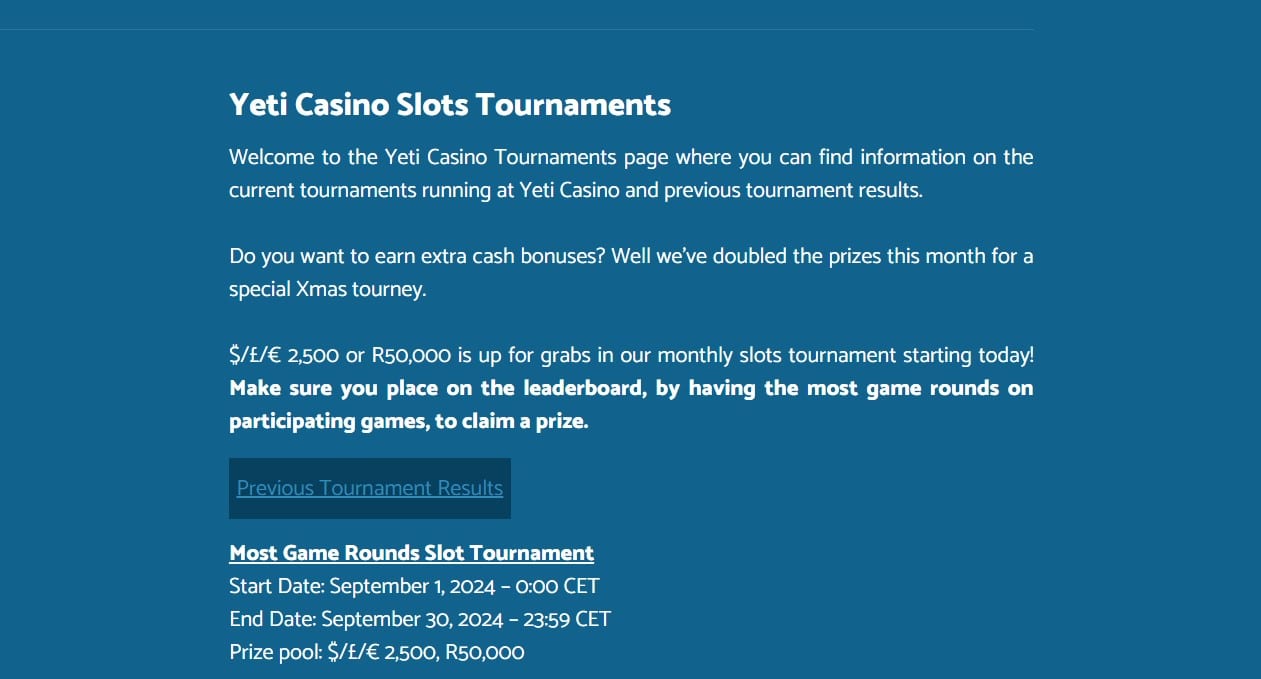 Description of Yeti Casino slot tournaments