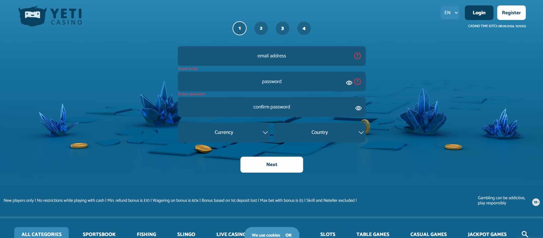 Yeti Casino KYC page