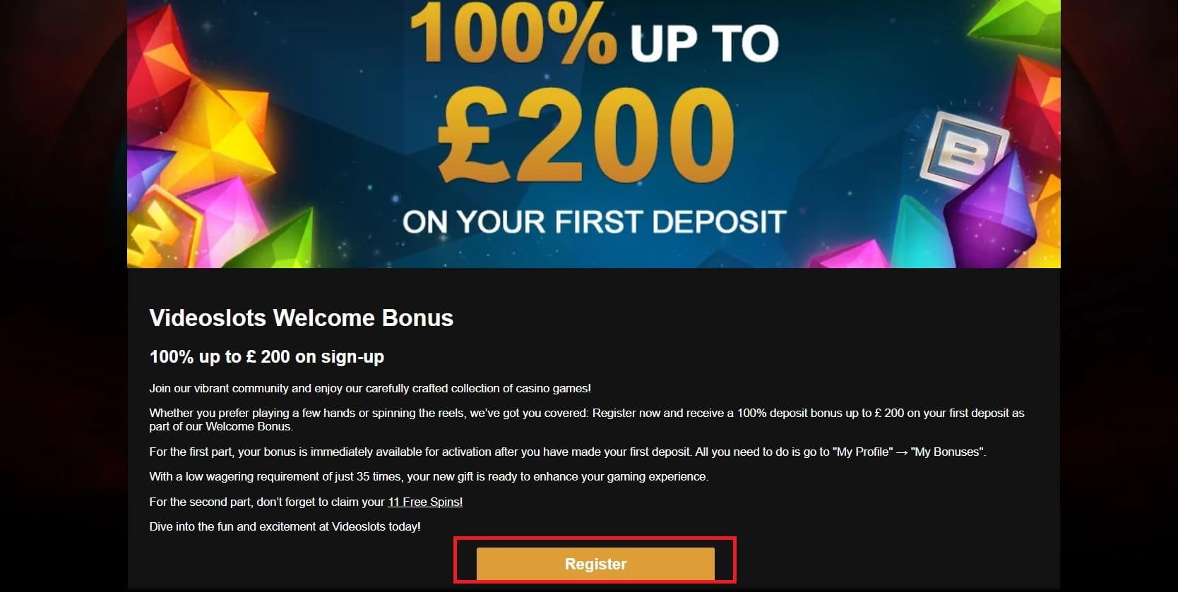 Videoslots Casino Bonus Claiming Button