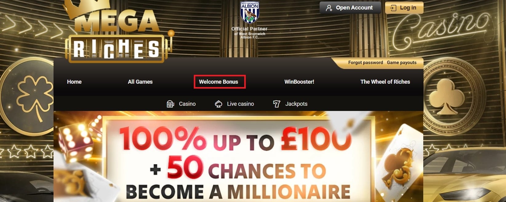 Megariches Casino Welcome Bonus Activation Button