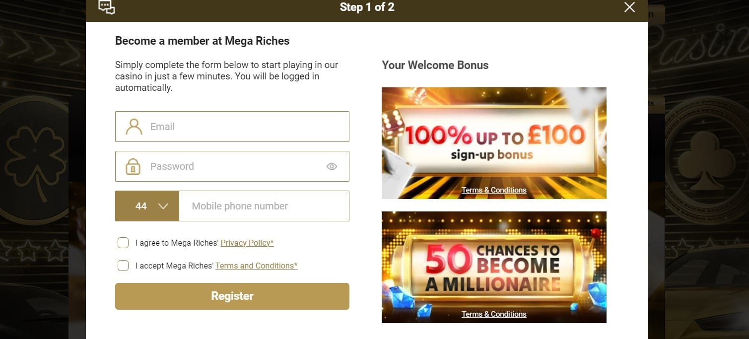 Megariches Casino First Registration Step