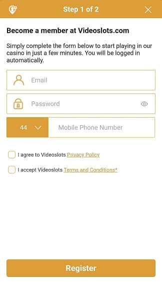 Videoslots First Mobile Registration Step