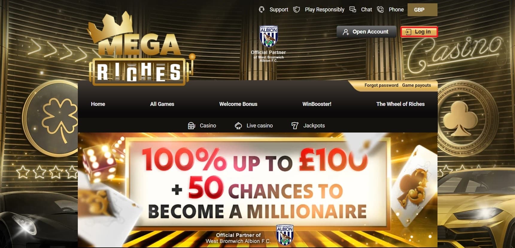 Log In Button at Megariches Casino