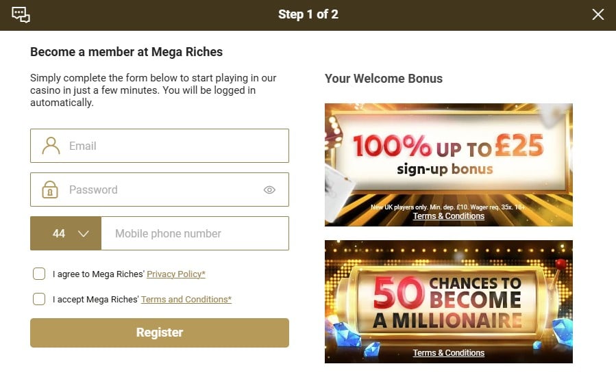 Megariches Casino Welcome bonus