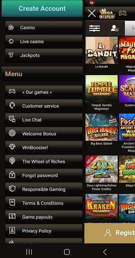 Mobile Menu at Megariches Casino