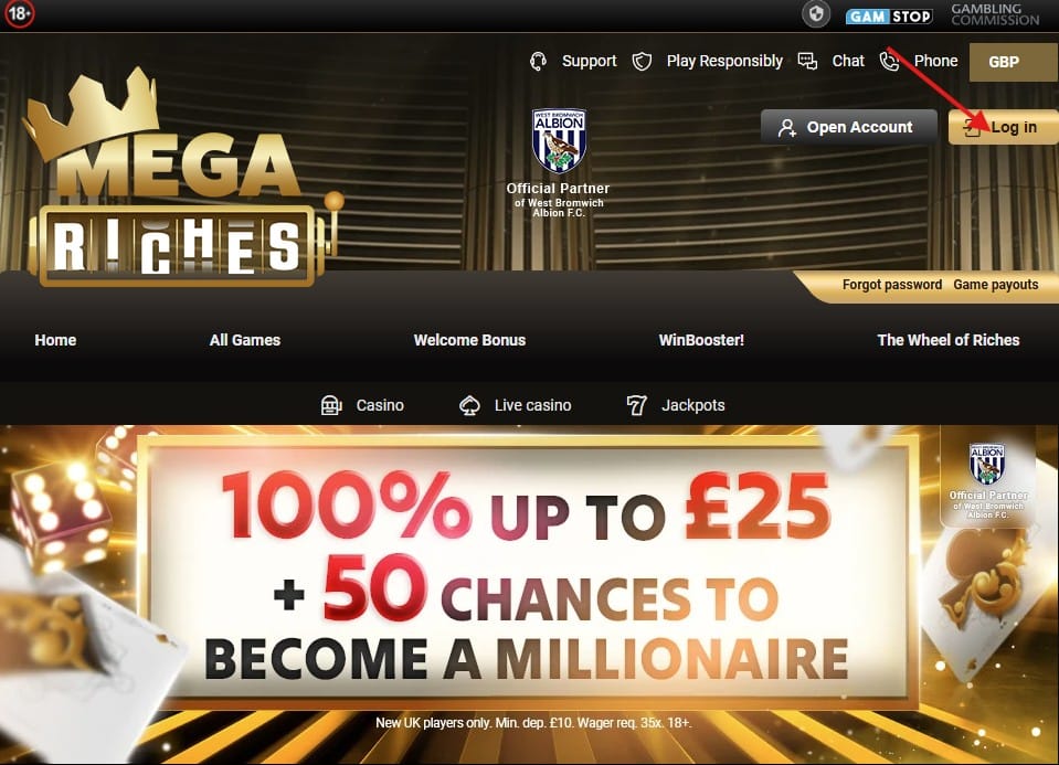 Mega Riches casino Login page