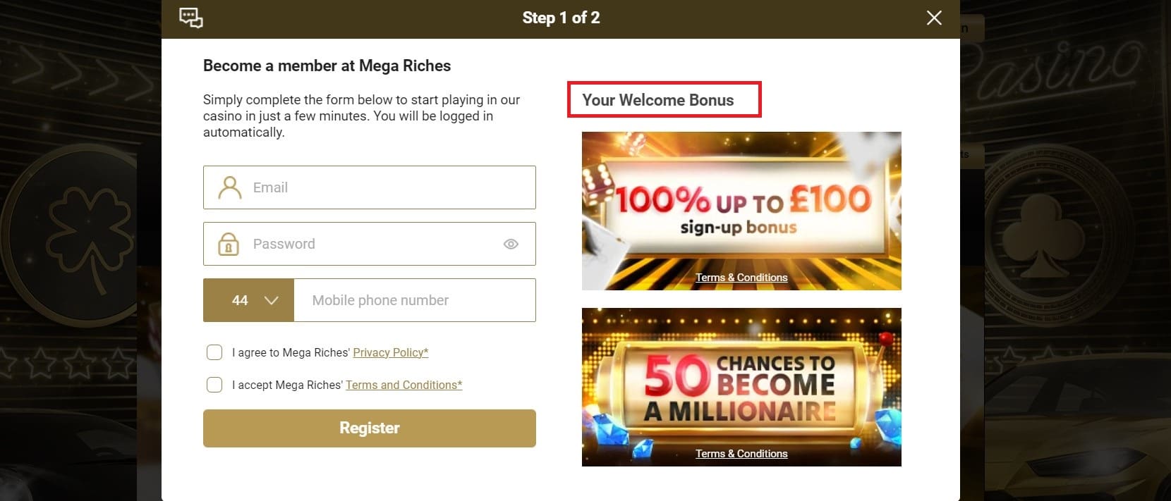 Welcome Bonuses at Megariches Casino Registration