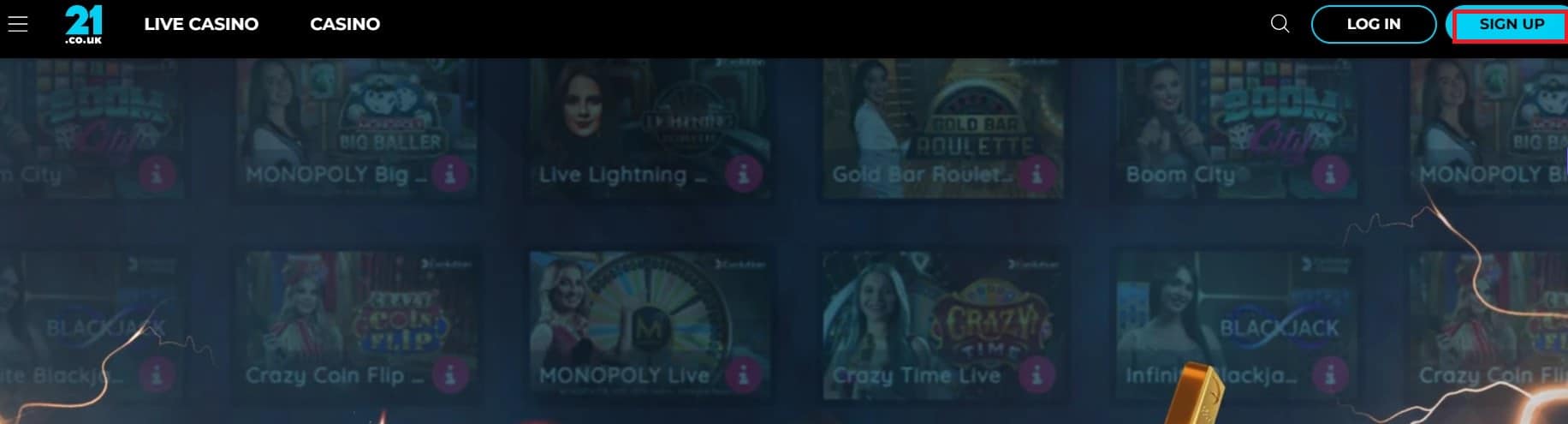 Sign Up Button Found In the Upper-Right Corner of the 21.co Casino Page