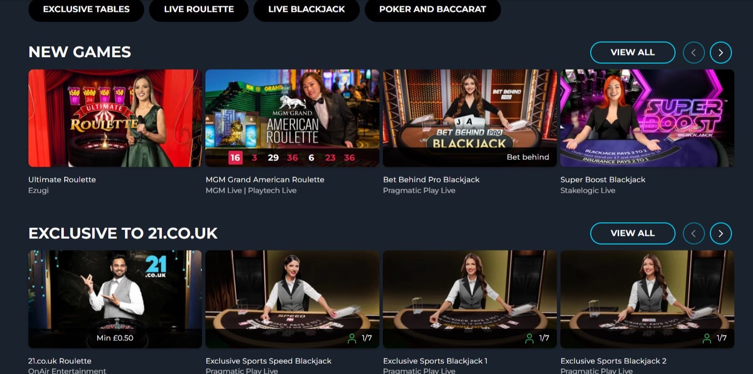 Live Casino Games at 21.co UK Casino