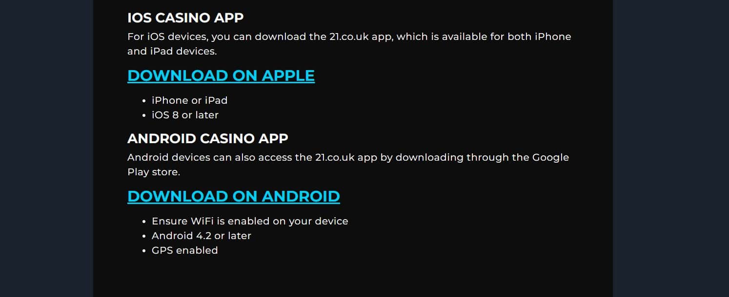 App Download Links at 21.co Casino