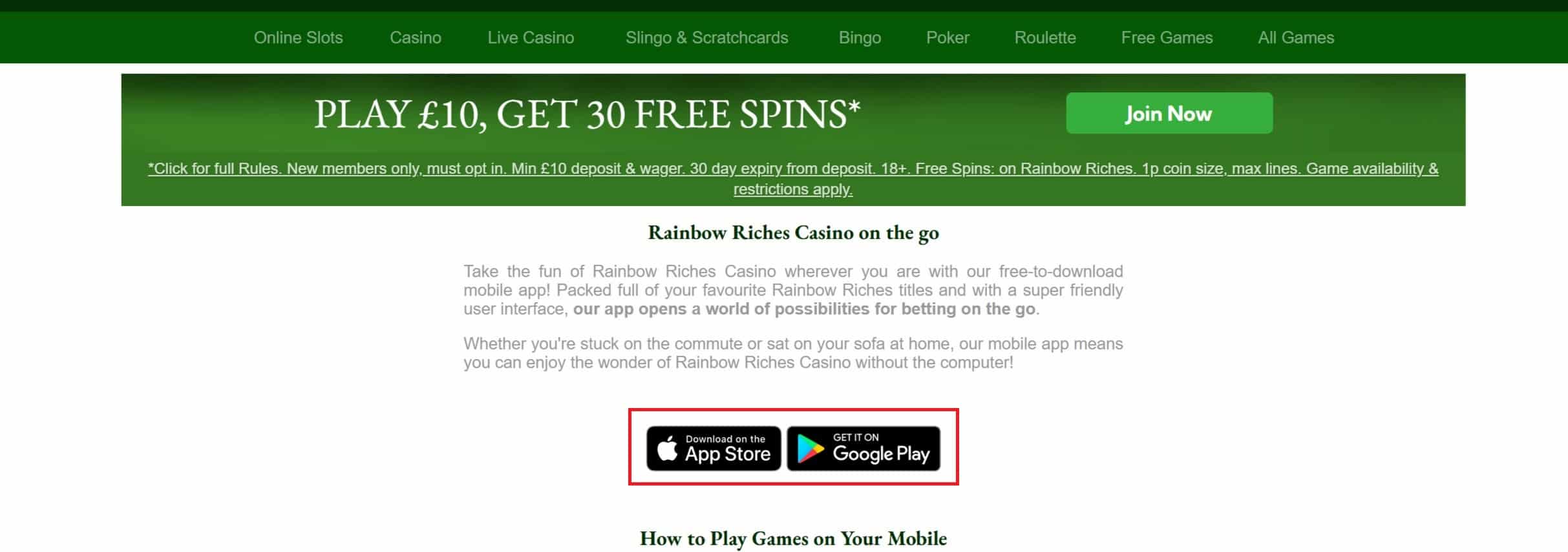 App Download Button at Rainbow Riches