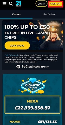 Sign Up Button at 21.co Casino