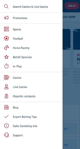 BetUK App Menu