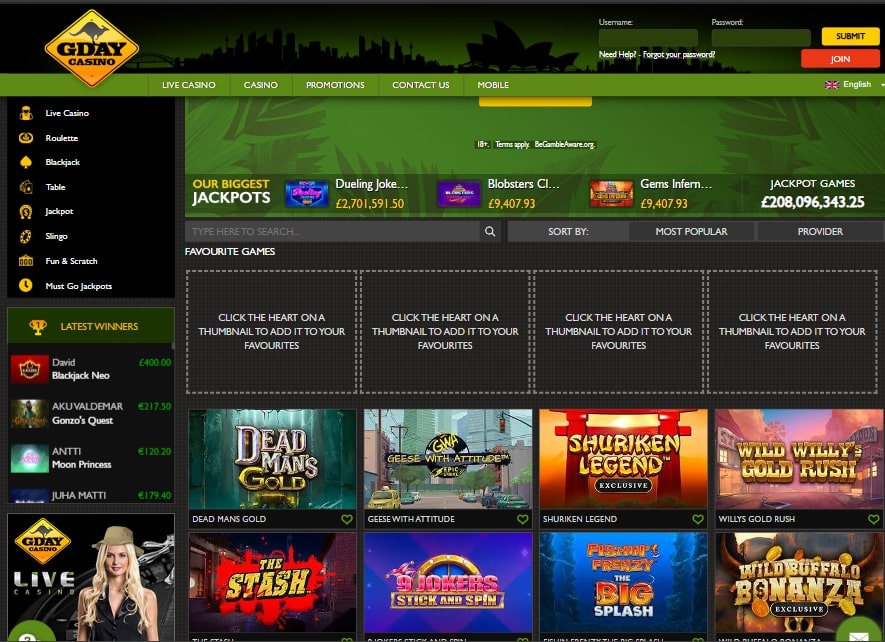 GDay Casino Slot Games