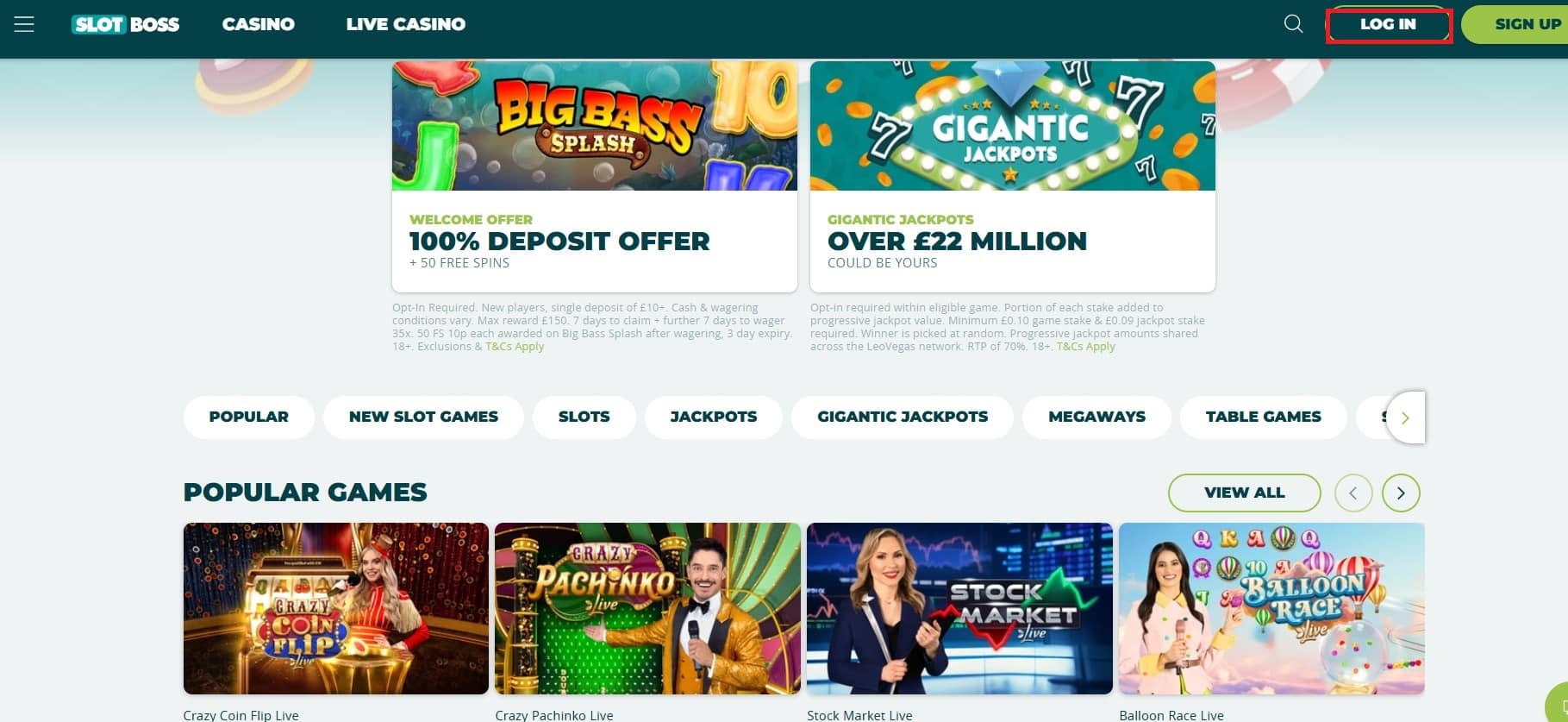 Slot Boss Casino Log In Button